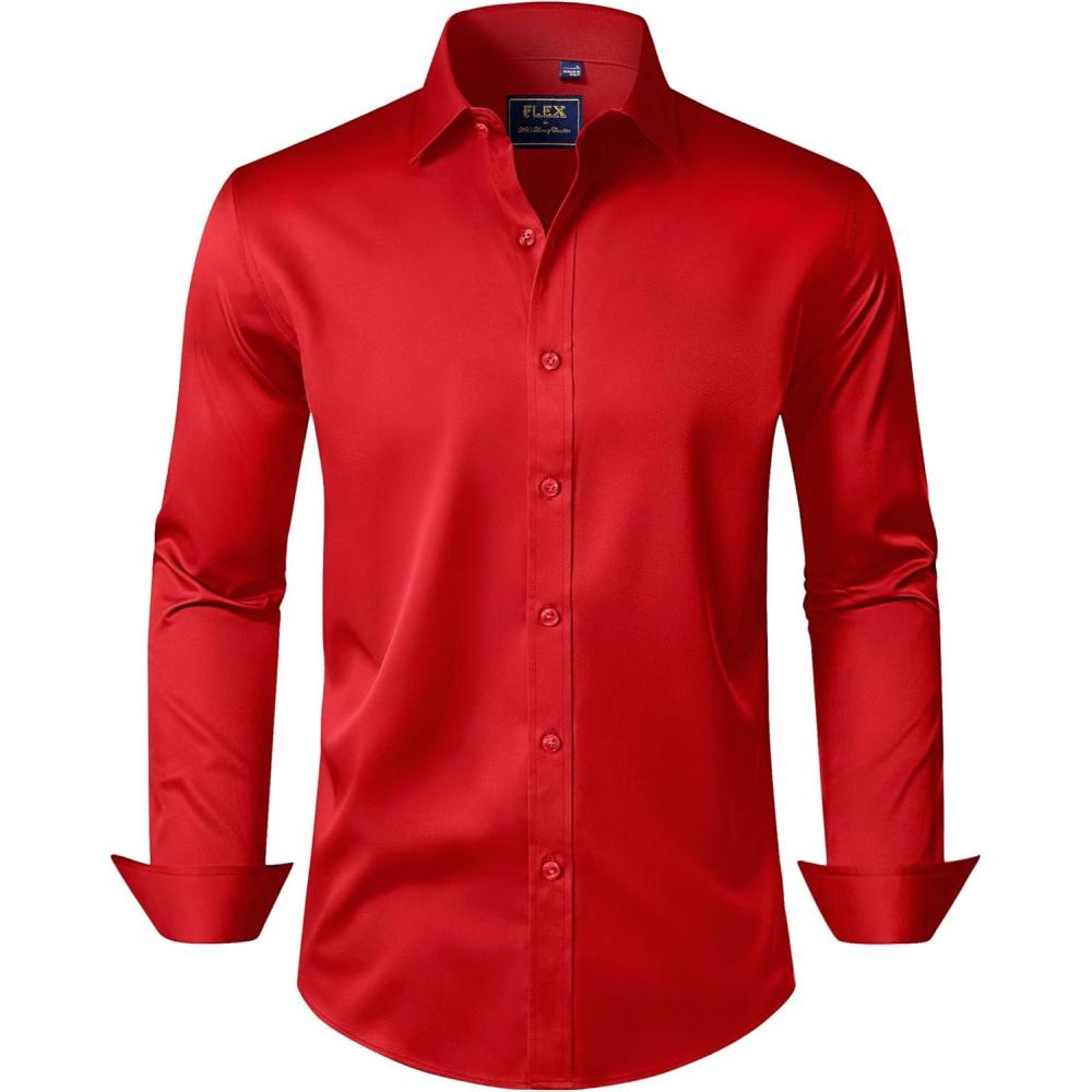 imageJVER Boys Long Sleeve Dress Shirts Solid Stretch WrinkleFree Shirt Kids Casual Button Down Shirts School UniformRed