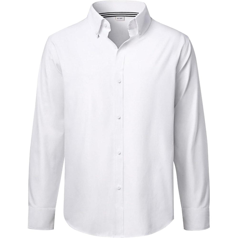 imageJVER Boys Long Sleeve Oxford Dress Shirts Solid Casual Button Down Collar Shirt Kids Formal Uniform TopsA White