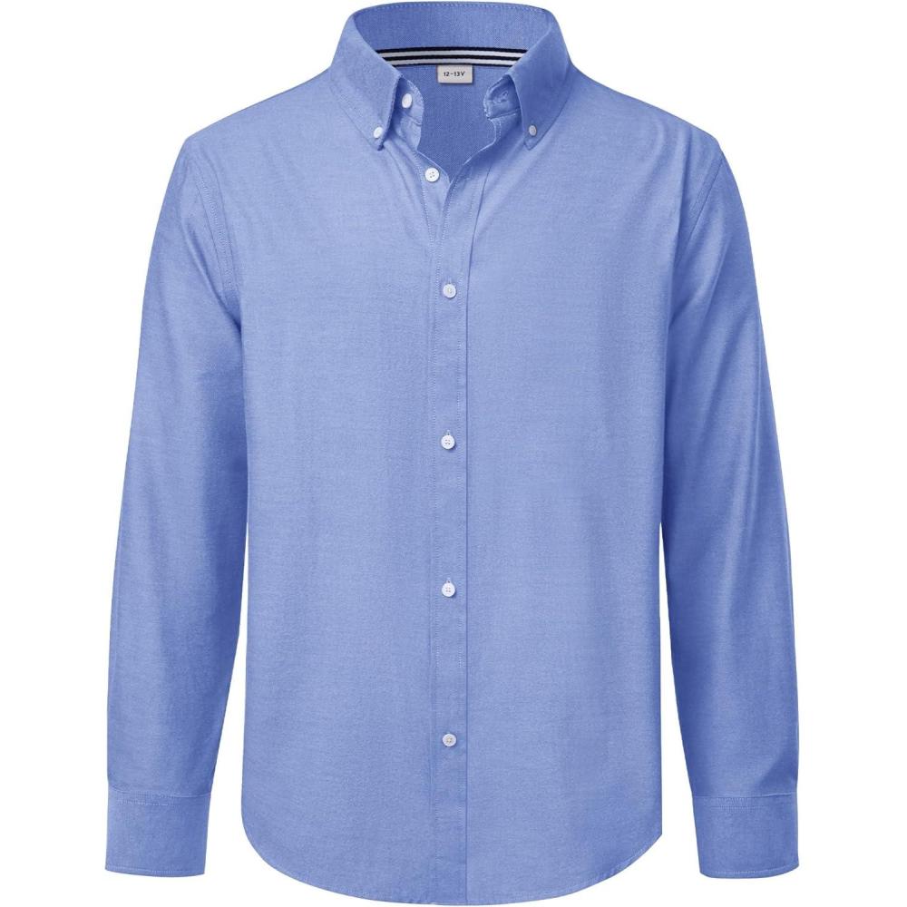 imageJVER Boys Long Sleeve Oxford Dress Shirts Solid Casual Button Down Collar Shirt Kids Formal Uniform TopsBlue