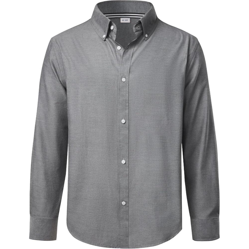 imageJVER Boys Long Sleeve Oxford Dress Shirts Solid Casual Button Down Collar Shirt Kids Formal Uniform TopsGrey