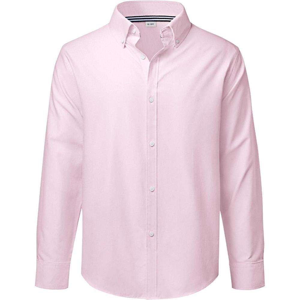 imageJVER Boys Long Sleeve Oxford Dress Shirts Solid Casual Button Down Collar Shirt Kids Formal Uniform TopsLight Pink