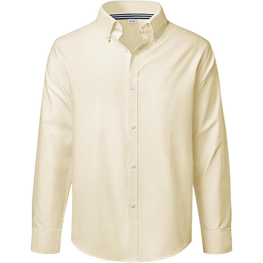 imageJVER Boys Long Sleeve Oxford Dress Shirts Solid Casual Button Down Collar Shirt Kids Formal Uniform TopsYellow