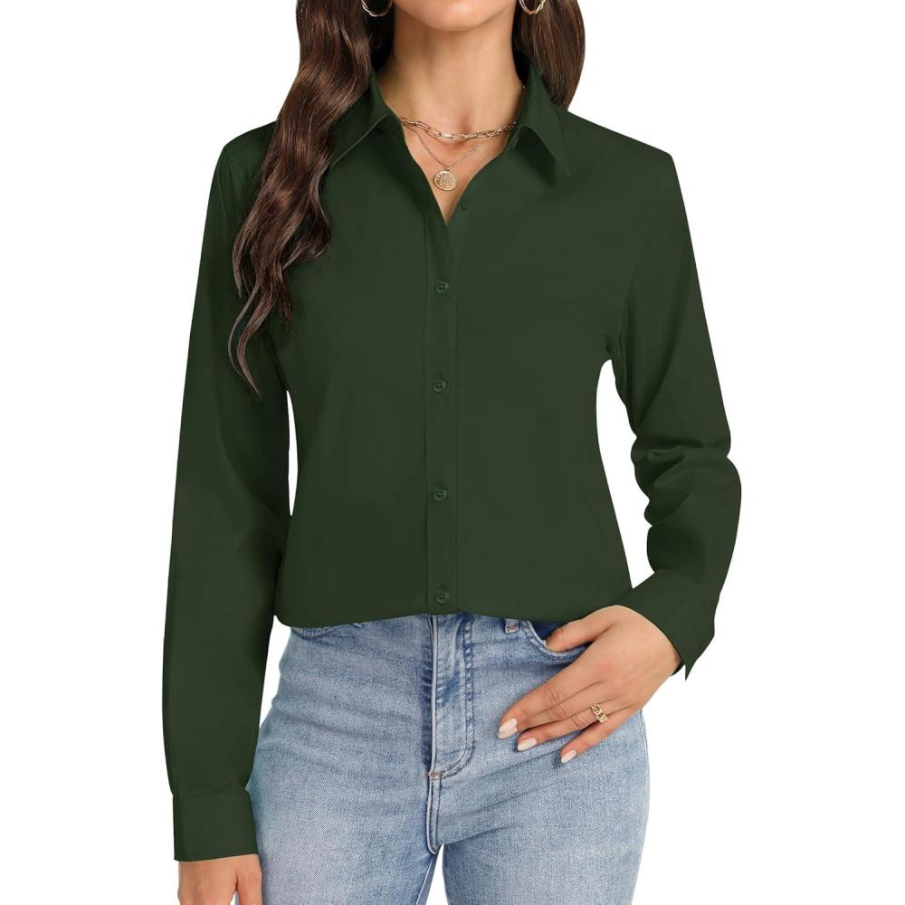 imageJVER Button Down Shirts for Women Stretch Collared Cotton Long Sleeve Dress Shirt Business Casual Blouse for WorkArmy Green