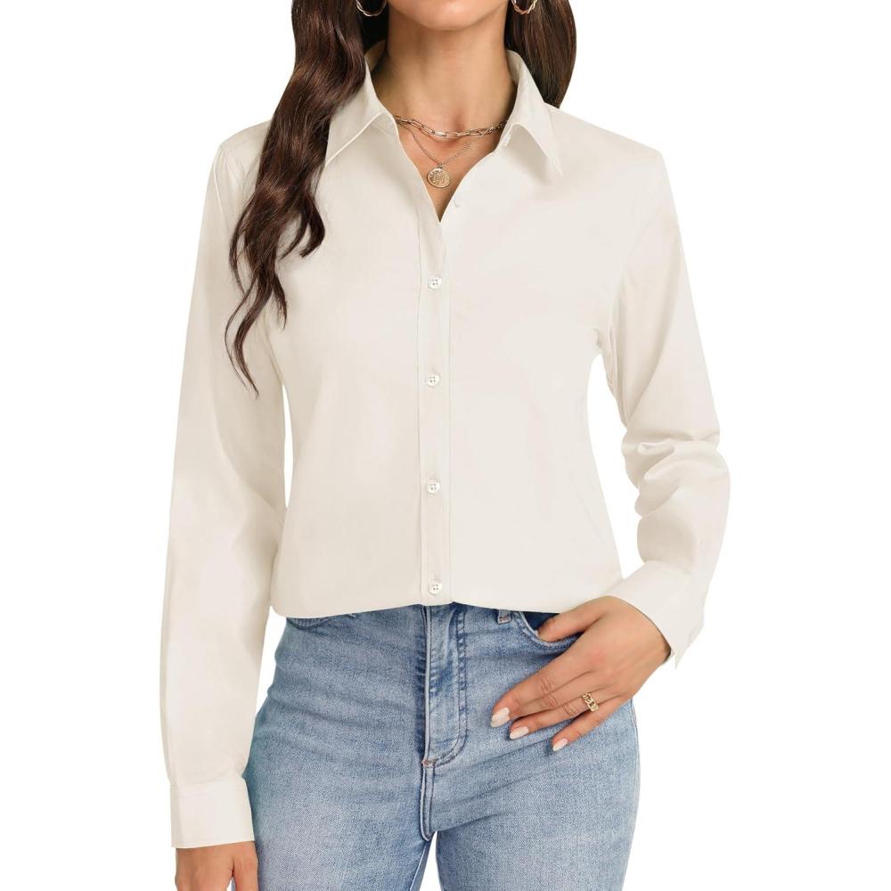 imageJVER Button Down Shirts for Women Stretch Collared Cotton Long Sleeve Dress Shirt Business Casual Blouse for WorkBeige