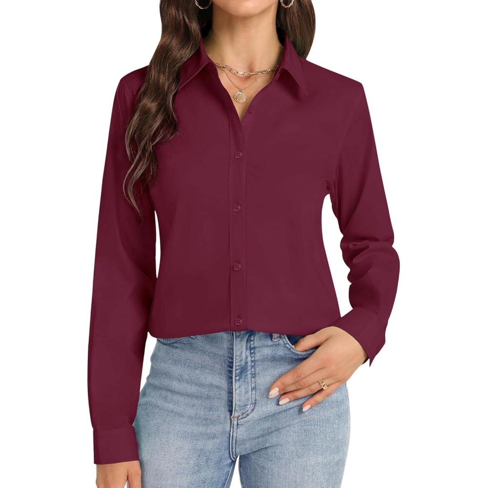 imageJVER Button Down Shirts for Women Stretch Collared Cotton Long Sleeve Dress Shirt Business Casual Blouse for WorkBurgundy