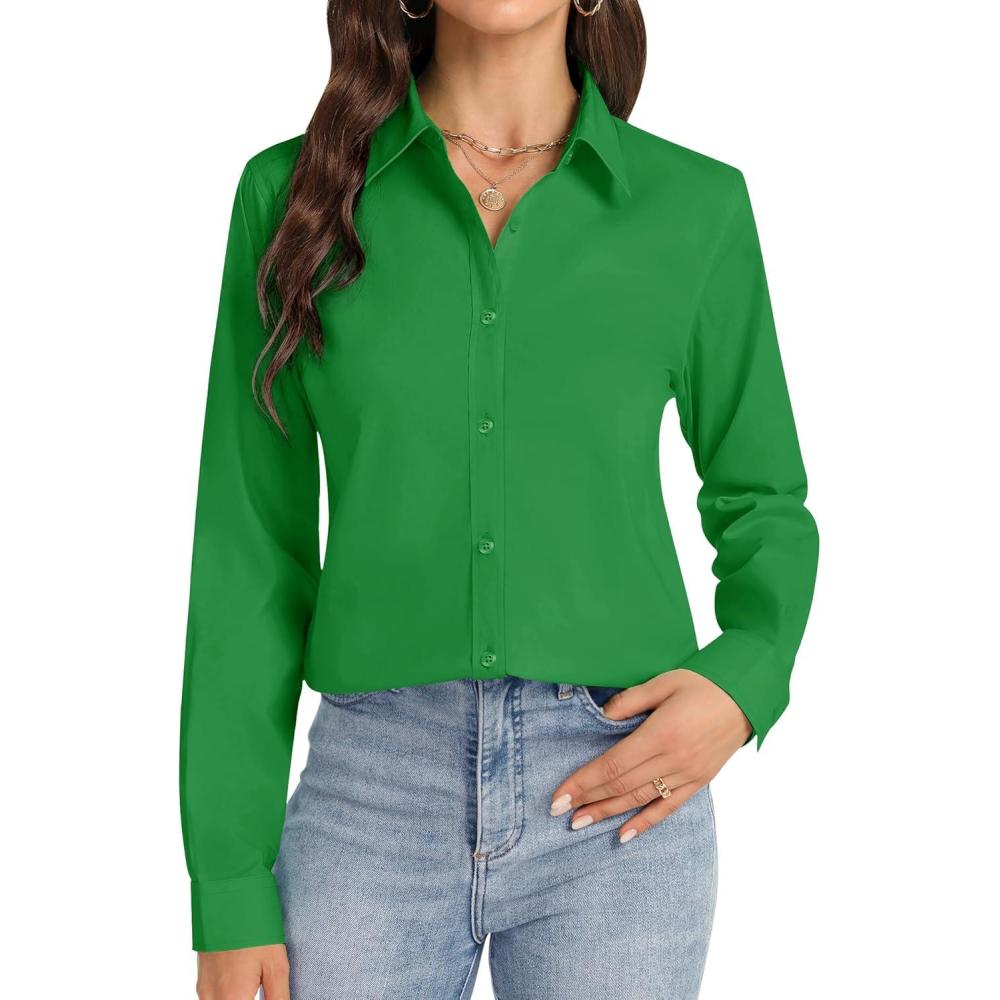 imageJVER Button Down Shirts for Women Stretch Collared Cotton Long Sleeve Dress Shirt Business Casual Blouse for WorkForest Green
