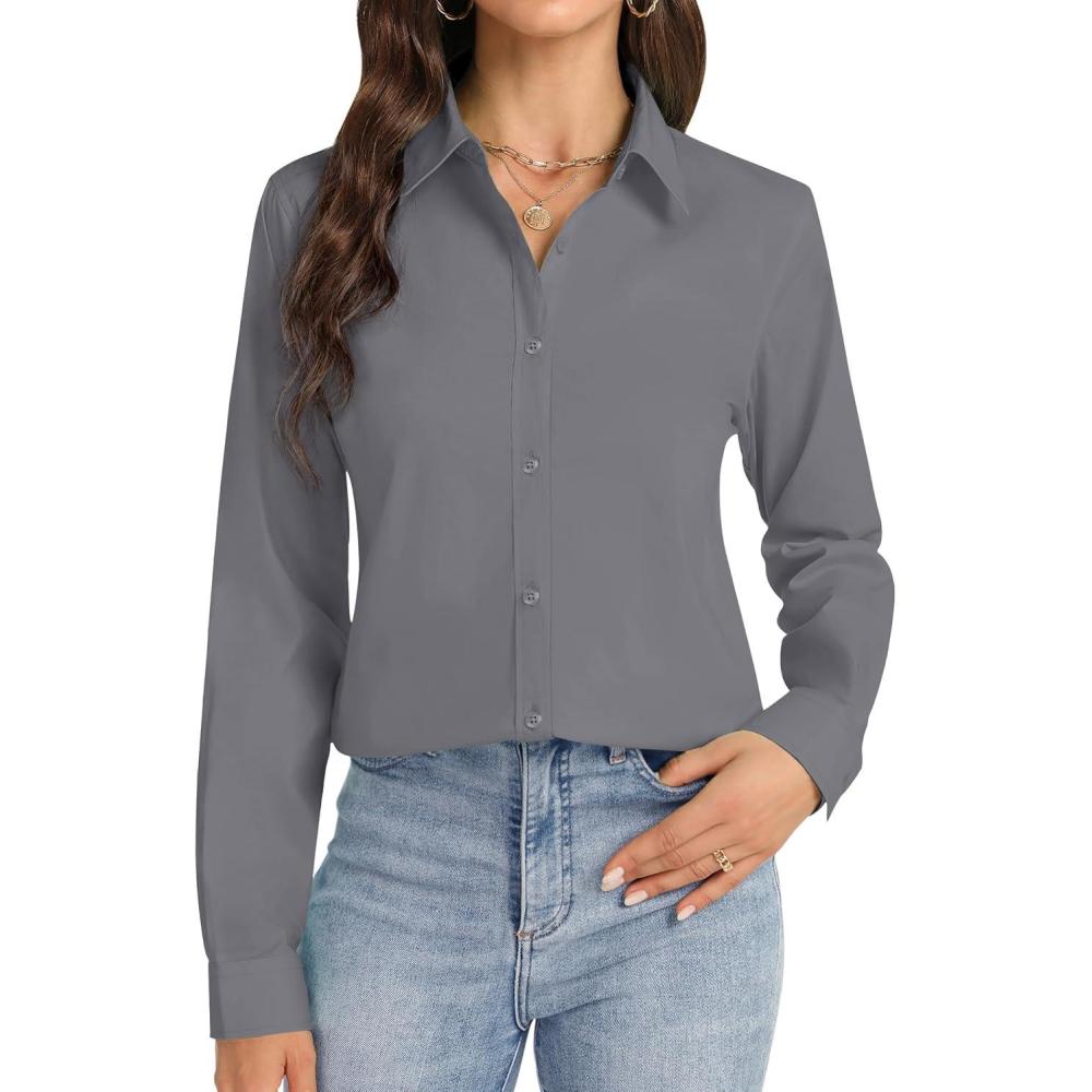 imageJVER Button Down Shirts for Women Stretch Collared Cotton Long Sleeve Dress Shirt Business Casual Blouse for WorkGrey