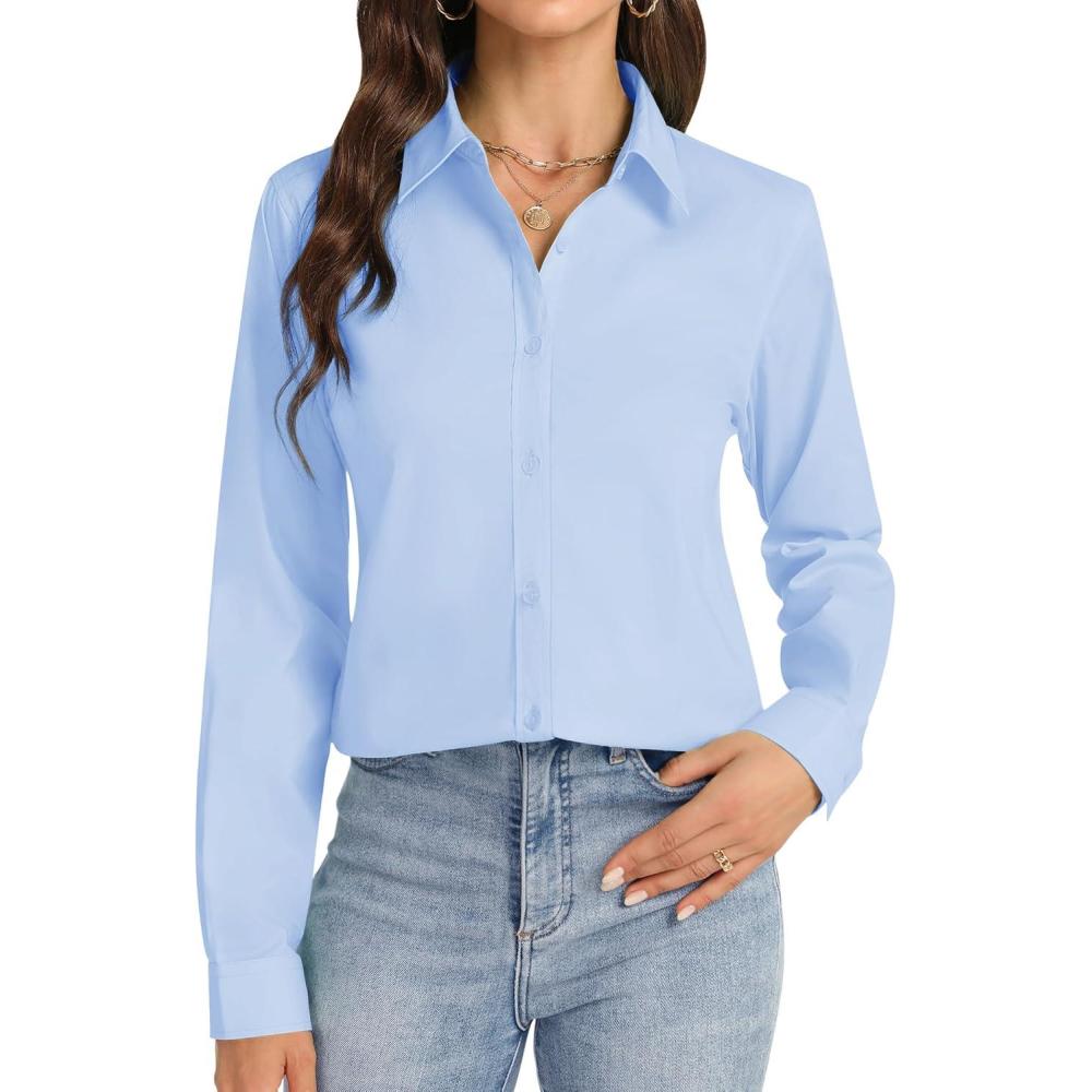 imageJVER Button Down Shirts for Women Stretch Collared Cotton Long Sleeve Dress Shirt Business Casual Blouse for WorkLight Blue