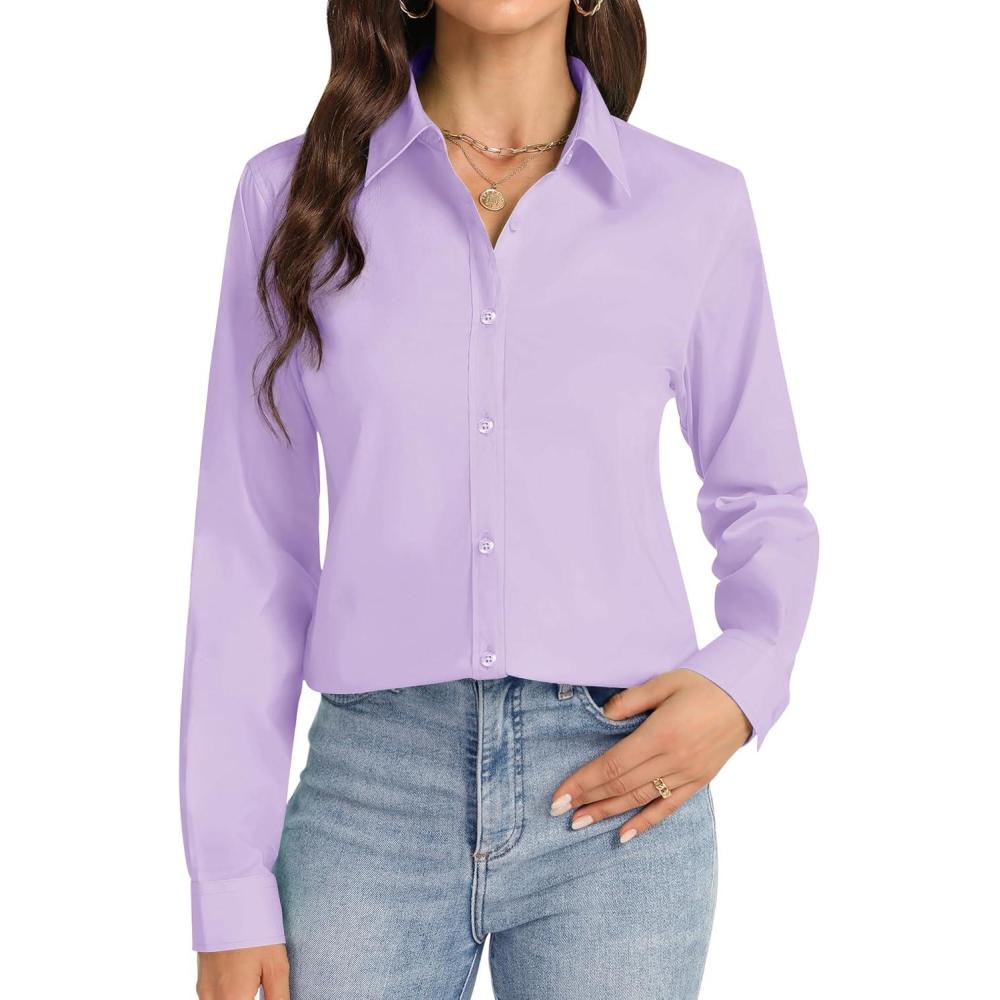 imageJVER Button Down Shirts for Women Stretch Collared Cotton Long Sleeve Dress Shirt Business Casual Blouse for WorkLight Purple