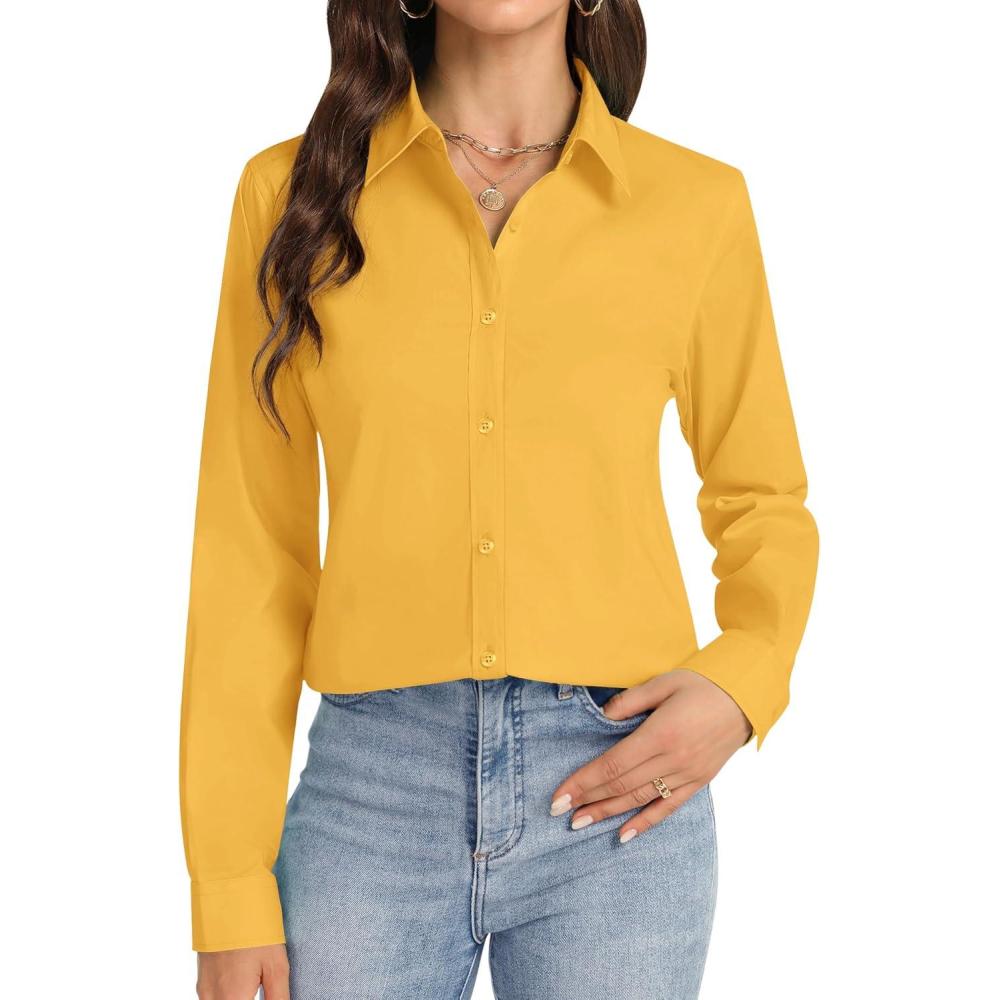 imageJVER Button Down Shirts for Women Stretch Collared Cotton Long Sleeve Dress Shirt Business Casual Blouse for WorkOrange