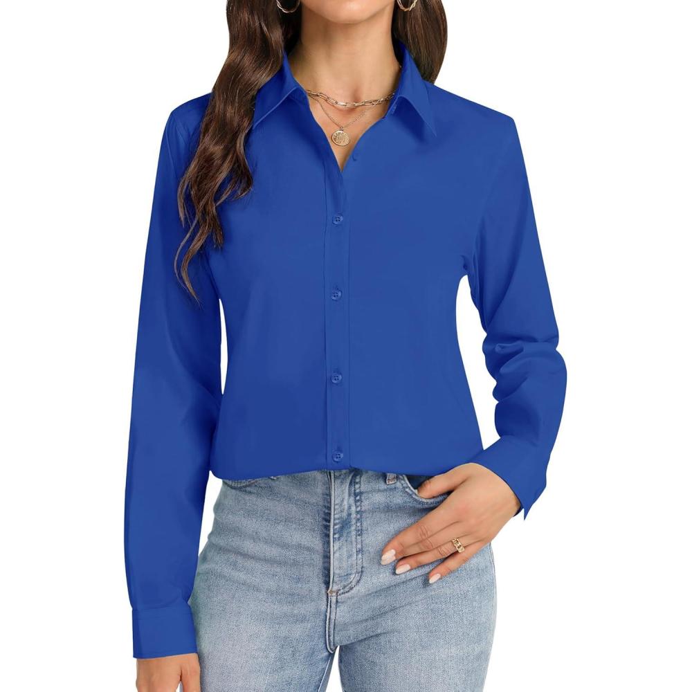 imageJVER Button Down Shirts for Women Stretch Collared Cotton Long Sleeve Dress Shirt Business Casual Blouse for WorkRoyal Blue