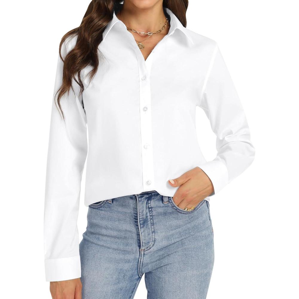imageJVER Button Down Shirts for Women Stretch Collared Cotton Long Sleeve Dress Shirt Business Casual Blouse for WorkWhite