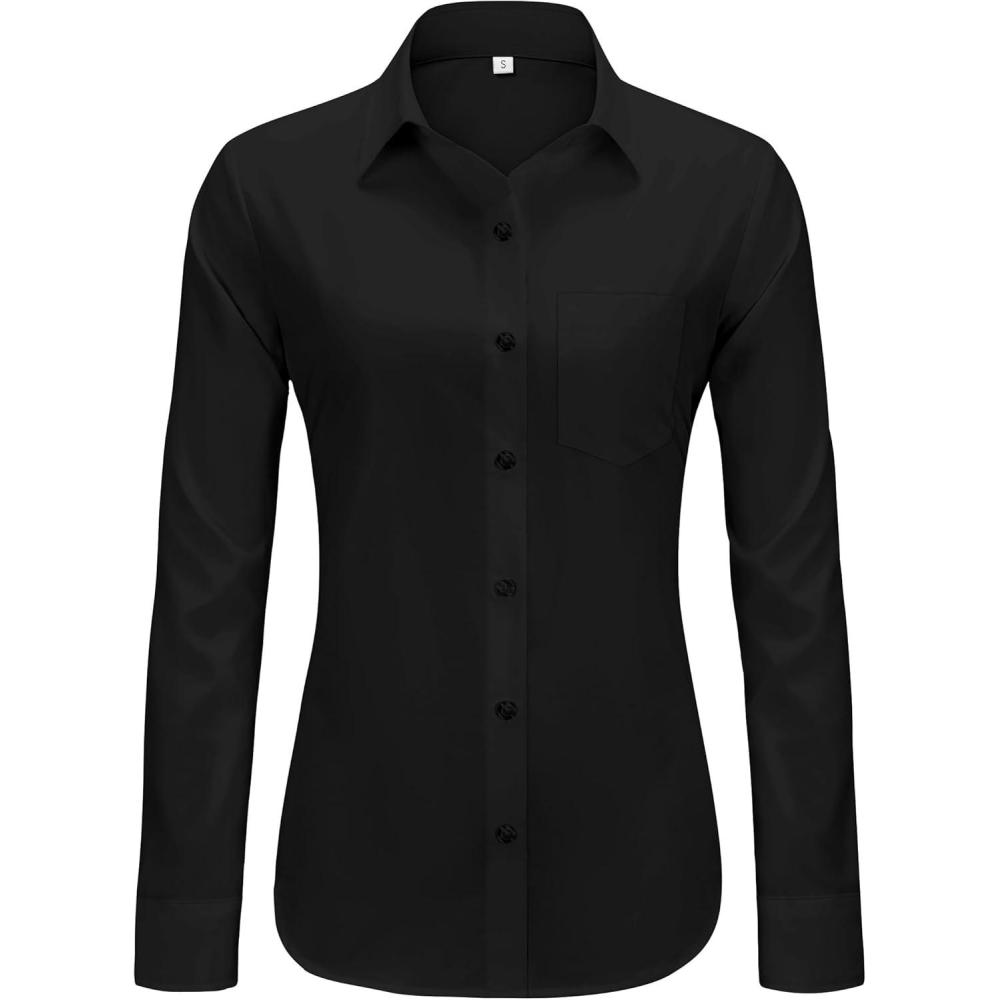imageJVER Button Down Shirts for Women Wrinkle Free Long Sleeve Dress Shirt Business Casual Work Blouse with PocketBlack
