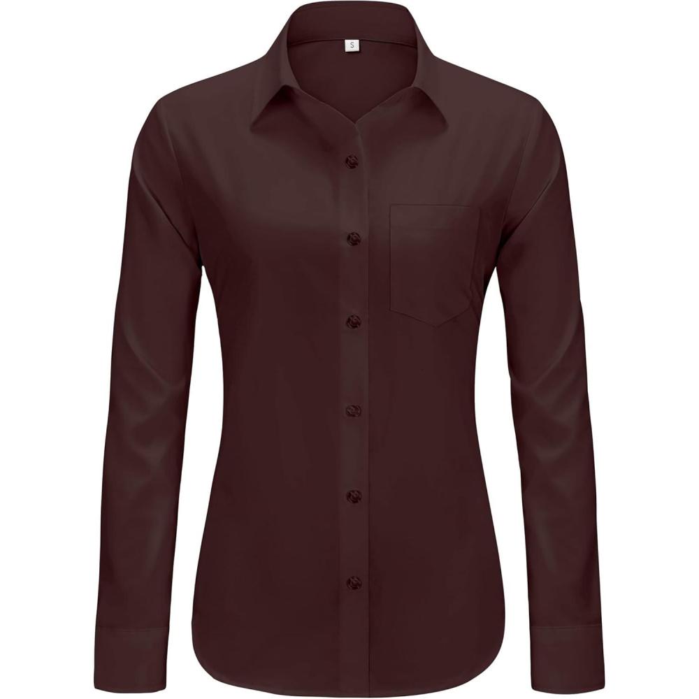imageJVER Button Down Shirts for Women Wrinkle Free Long Sleeve Dress Shirt Business Casual Work Blouse with PocketBrown