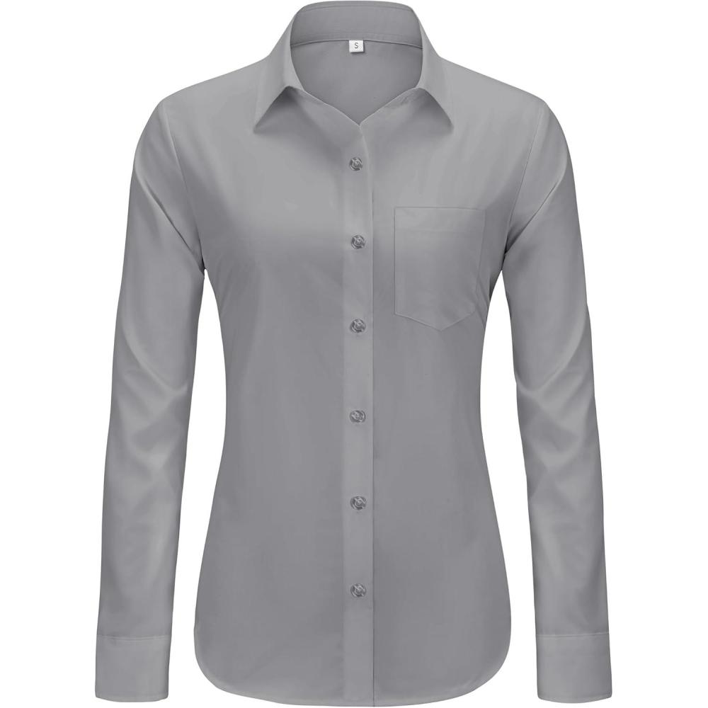 imageJVER Button Down Shirts for Women Wrinkle Free Long Sleeve Dress Shirt Business Casual Work Blouse with PocketGrey