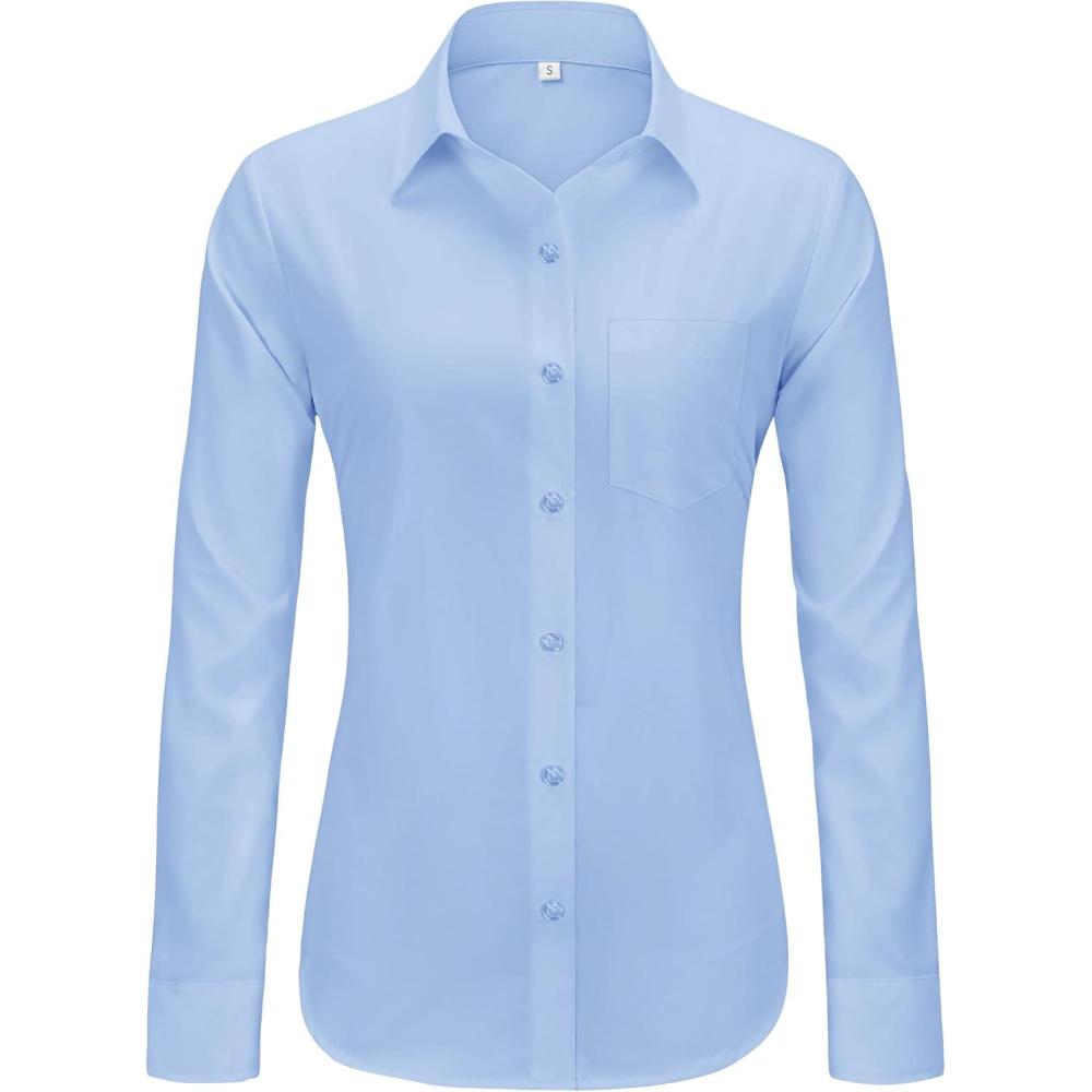 imageJVER Button Down Shirts for Women Wrinkle Free Long Sleeve Dress Shirt Business Casual Work Blouse with PocketLight Blue