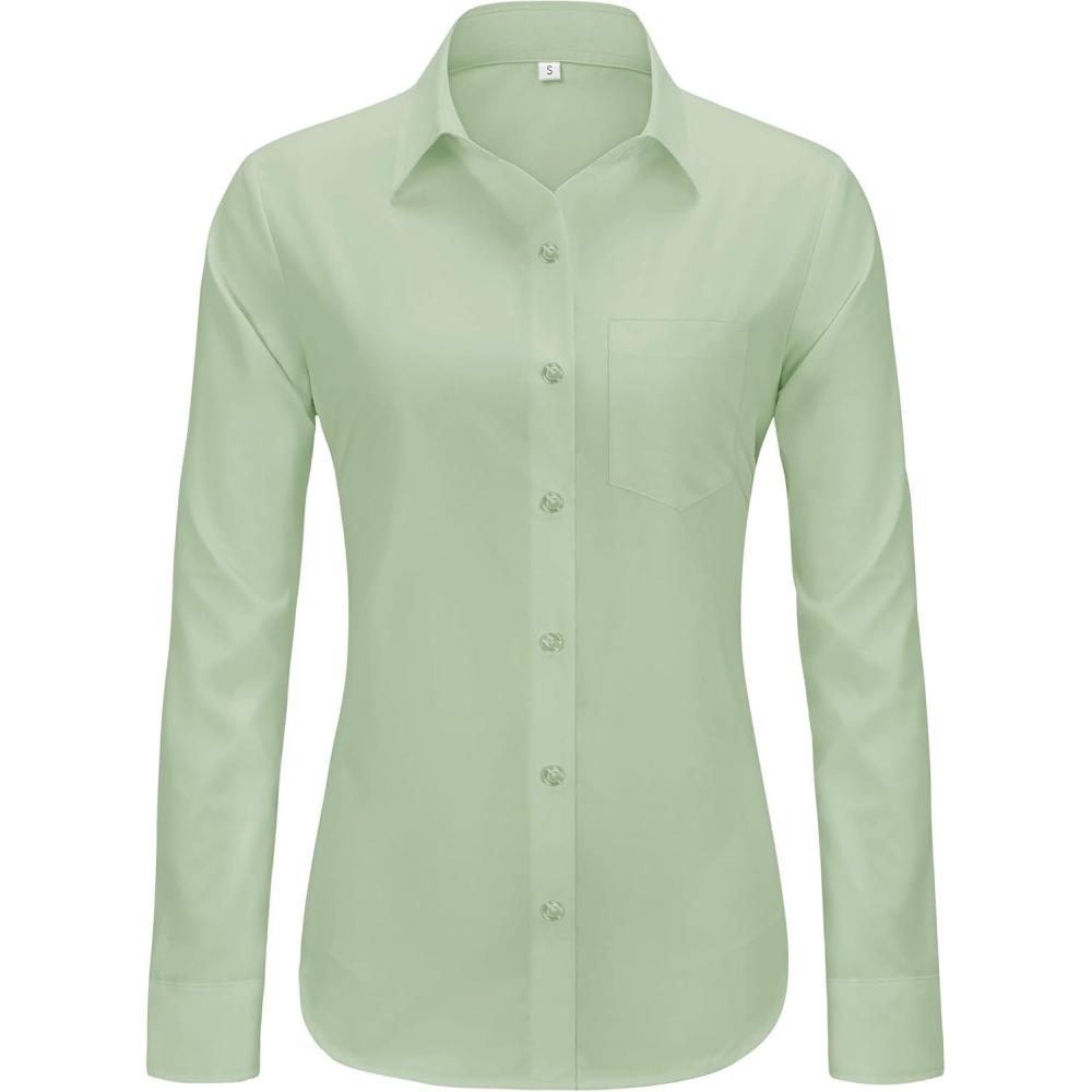 imageJVER Button Down Shirts for Women Wrinkle Free Long Sleeve Dress Shirt Business Casual Work Blouse with PocketLight Green