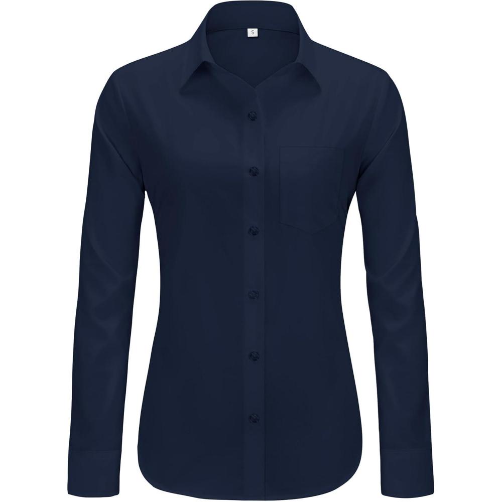 imageJVER Button Down Shirts for Women Wrinkle Free Long Sleeve Dress Shirt Business Casual Work Blouse with PocketNavy Blue