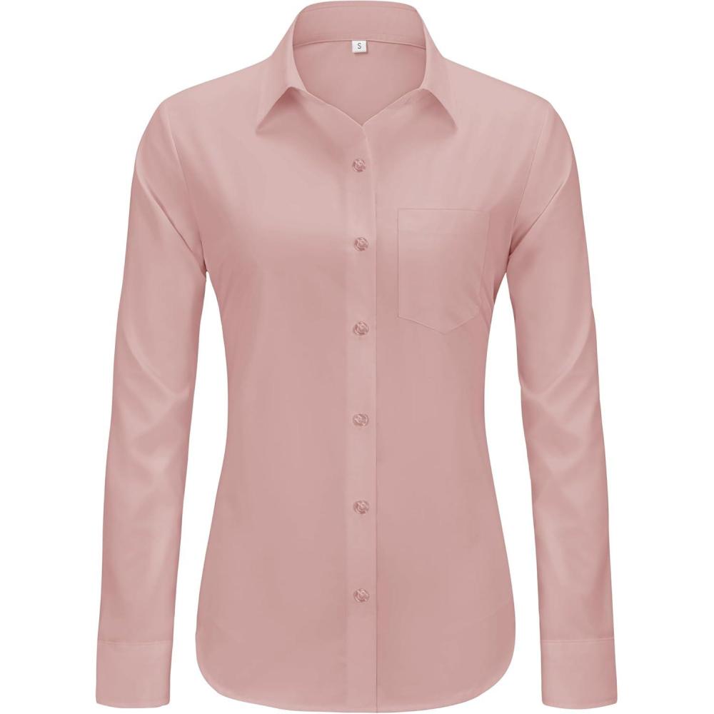 imageJVER Button Down Shirts for Women Wrinkle Free Long Sleeve Dress Shirt Business Casual Work Blouse with PocketPeach Pink