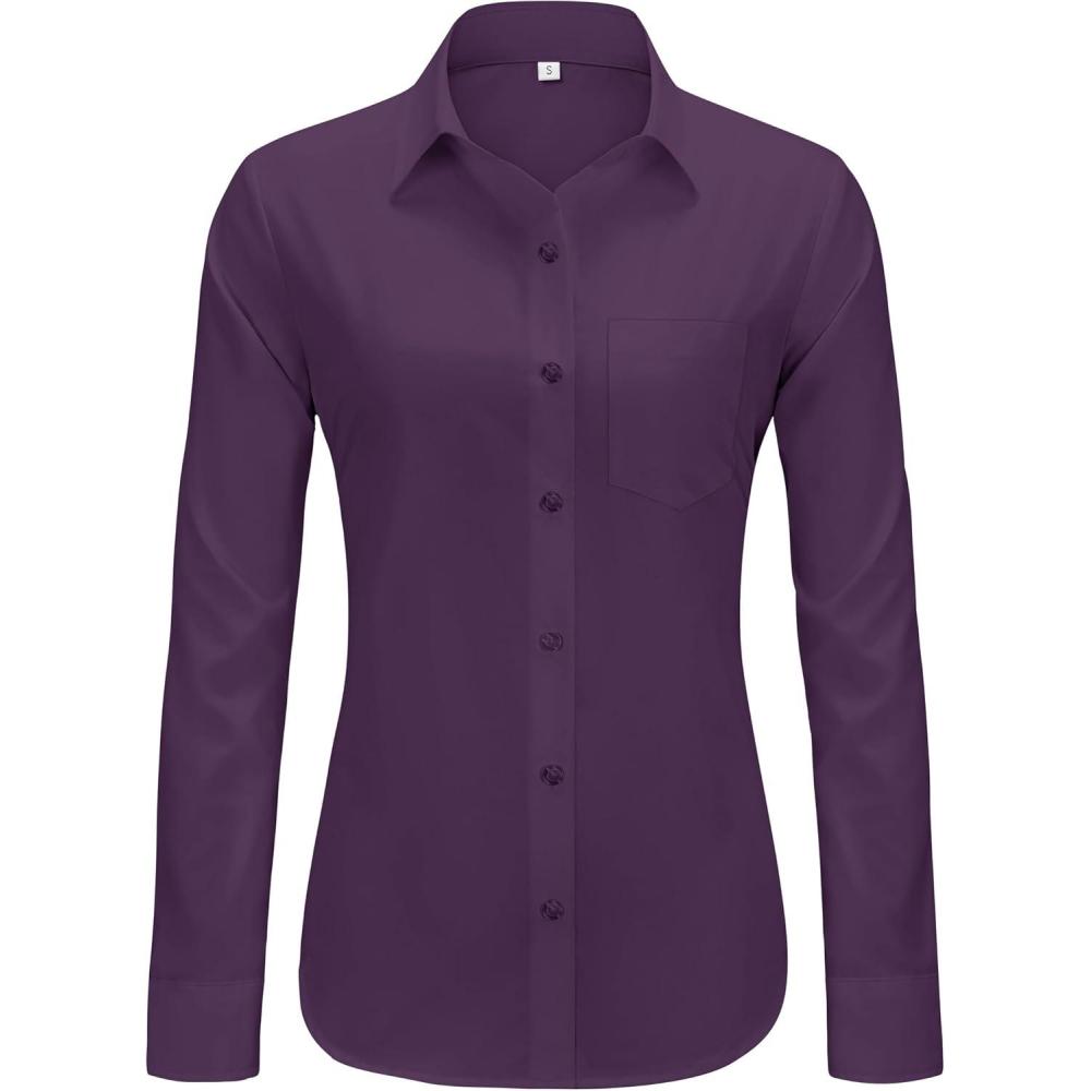 imageJVER Button Down Shirts for Women Wrinkle Free Long Sleeve Dress Shirt Business Casual Work Blouse with PocketPurple