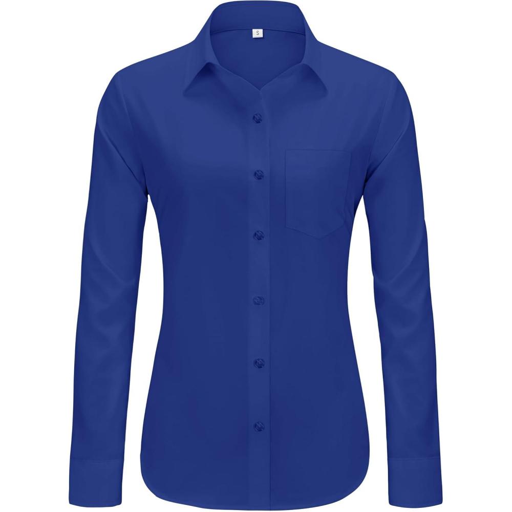 imageJVER Button Down Shirts for Women Wrinkle Free Long Sleeve Dress Shirt Business Casual Work Blouse with PocketRoyal Blue