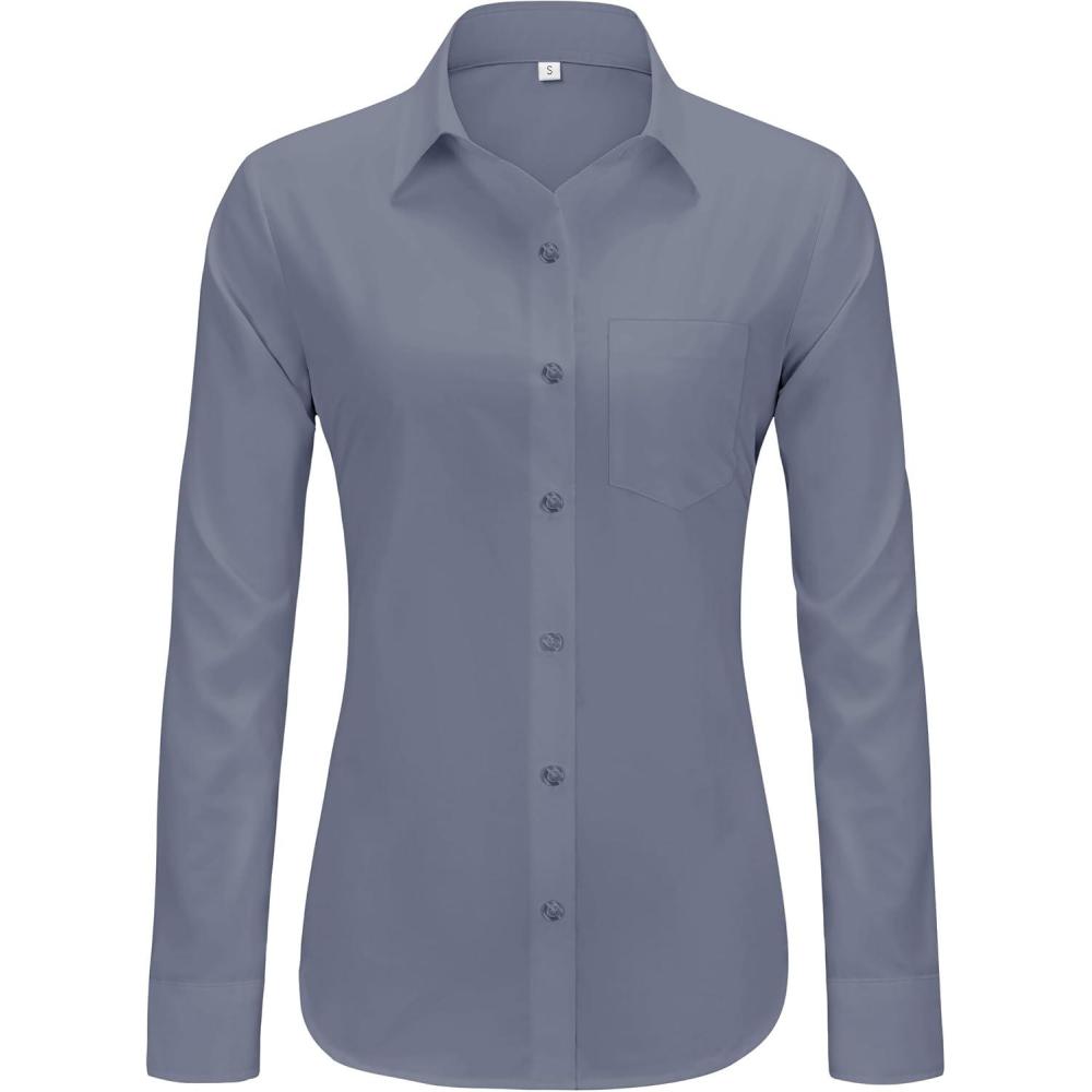 imageJVER Button Down Shirts for Women Wrinkle Free Long Sleeve Dress Shirt Business Casual Work Blouse with PocketSilver Grey