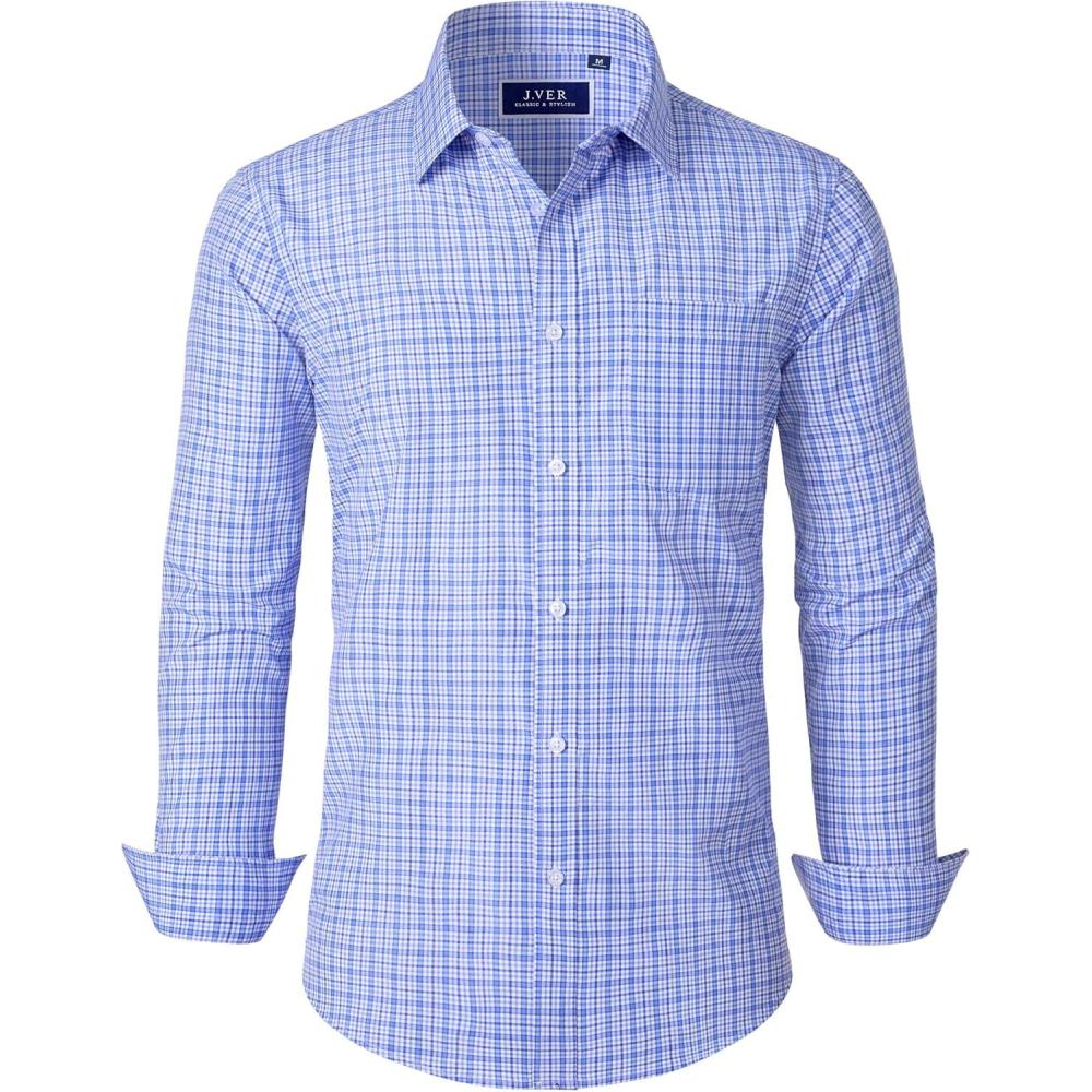 imageJVER Dress Shirts for Men Cotton Long Sleeve Button Down Shirt Business Casual Classic Plaid Tops with PocketBlue Gingham