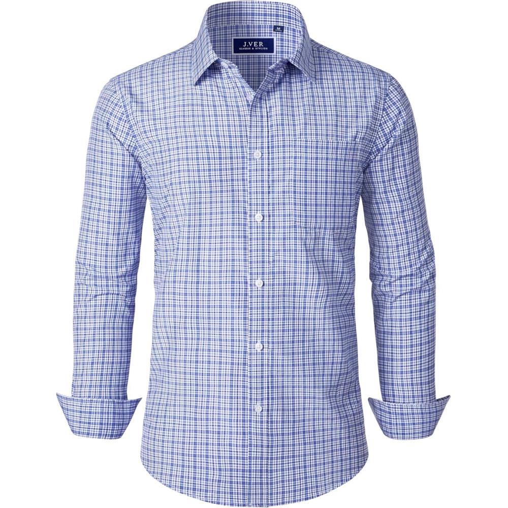 imageJVER Dress Shirts for Men Cotton Long Sleeve Button Down Shirt Business Casual Classic Plaid Tops with PocketBlue Grey Gingham
