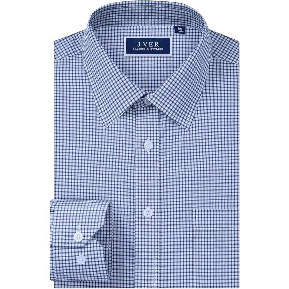 imageJVER Dress Shirts for Men Cotton Long Sleeve Button Down Shirt Business Casual Classic Plaid Tops with PocketBlue Plaid