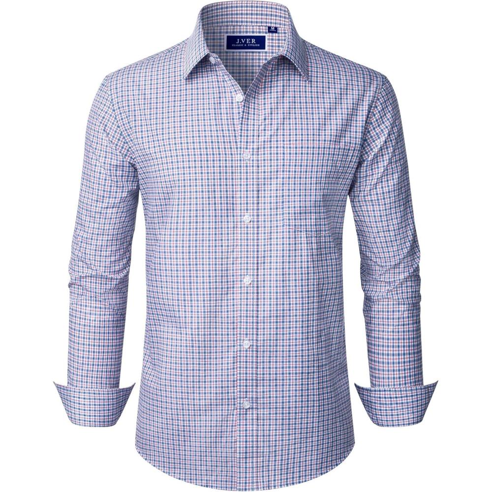 imageJVER Dress Shirts for Men Cotton Long Sleeve Button Down Shirt Business Casual Classic Plaid Tops with PocketBlue Red Plaid