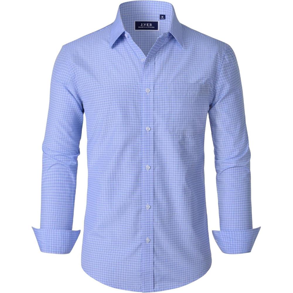 imageJVER Dress Shirts for Men Cotton Long Sleeve Button Down Shirt Business Casual Classic Plaid Tops with PocketDark Blue Gingham