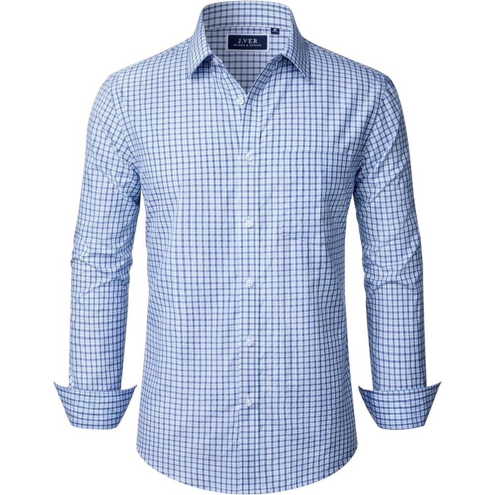 imageJVER Dress Shirts for Men Cotton Long Sleeve Button Down Shirt Business Casual Classic Plaid Tops with PocketLight Blue Plaid
