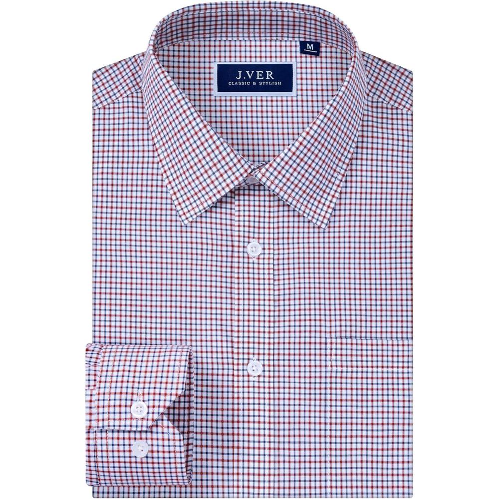 imageJVER Dress Shirts for Men Cotton Long Sleeve Button Down Shirt Business Casual Classic Plaid Tops with PocketRed Blue Plaid