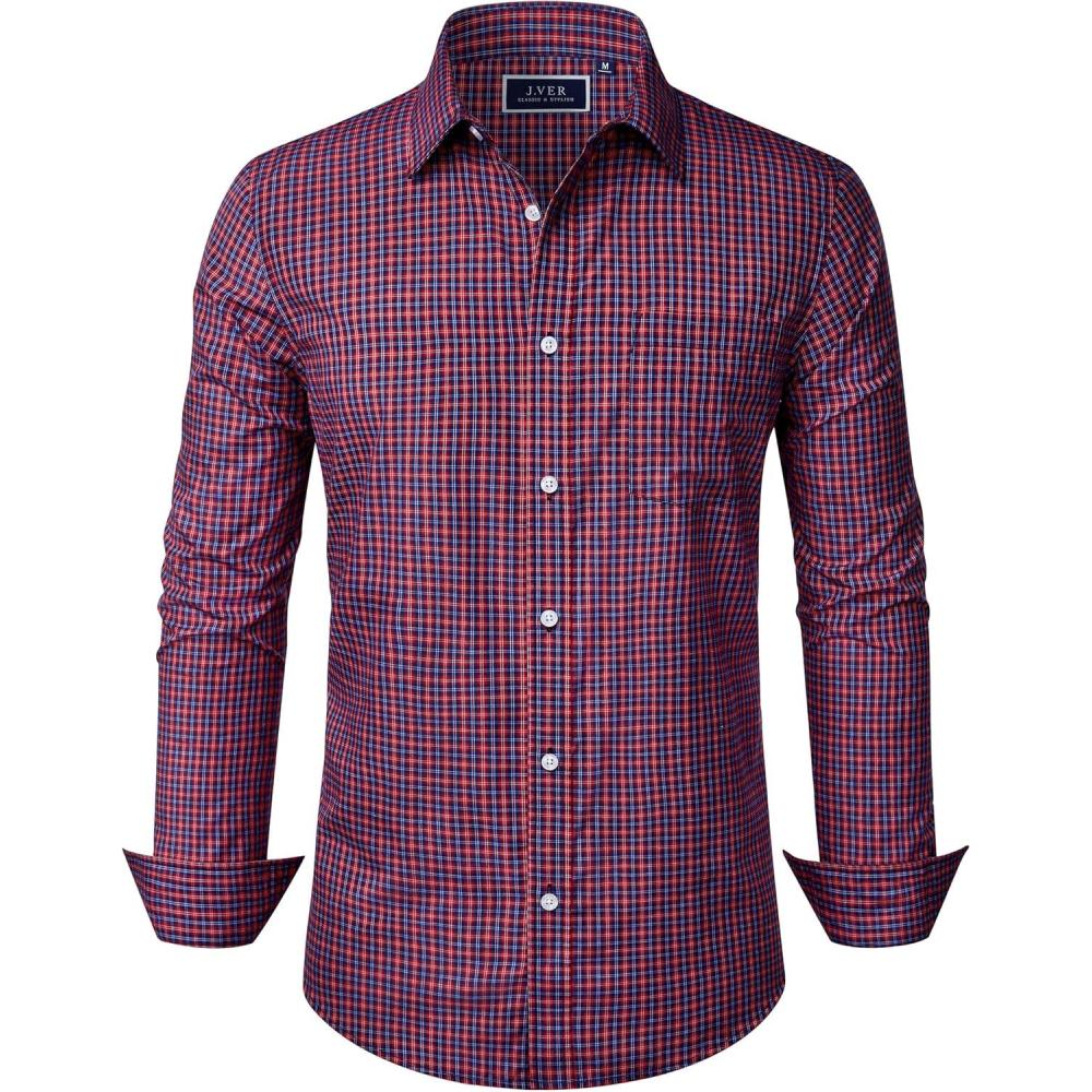 imageJVER Dress Shirts for Men Cotton Long Sleeve Button Down Shirt Business Casual Classic Plaid Tops with PocketRed Gingham