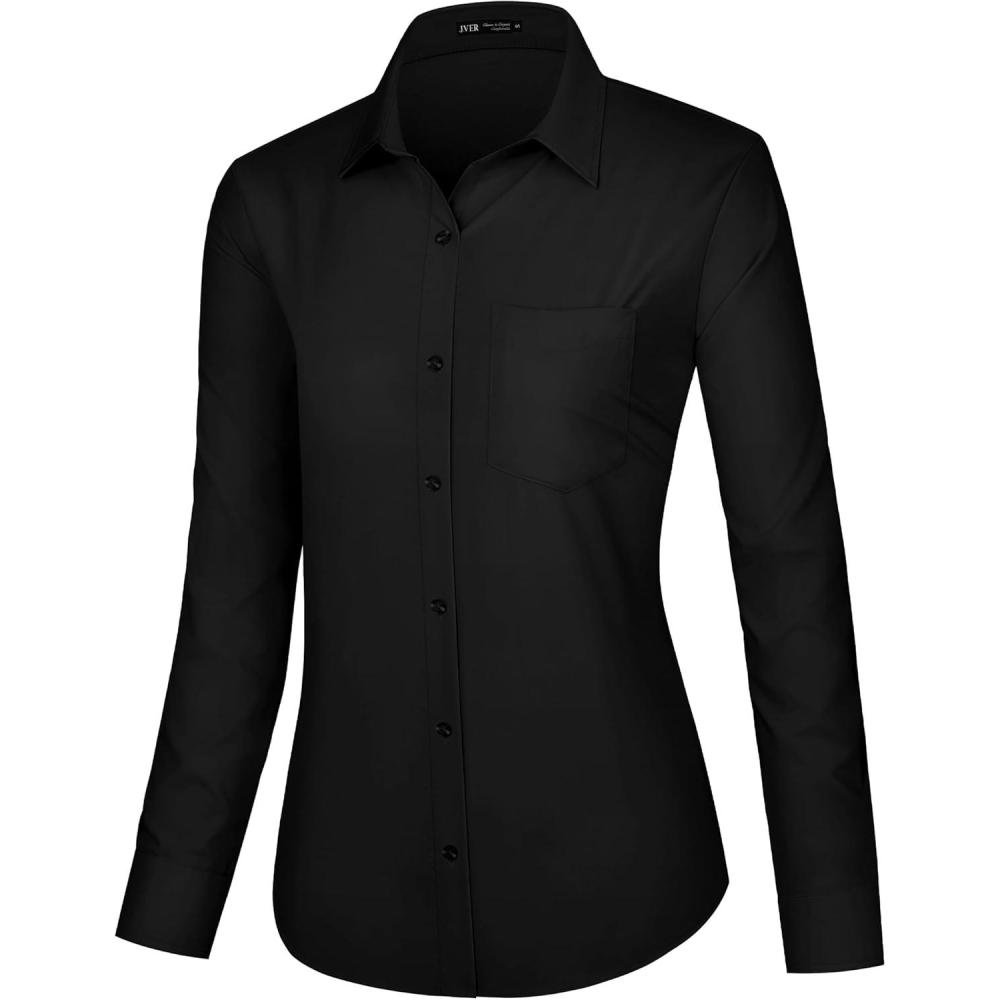 imageJVER Dress Shirts for Women Button Down Wrinkle Free Shirt Business Casual Long Sleeve Work Blouse with PocketBlack