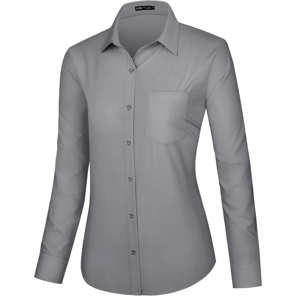 imageJVER Dress Shirts for Women Button Down Wrinkle Free Shirt Business Casual Long Sleeve Work Blouse with PocketGrey