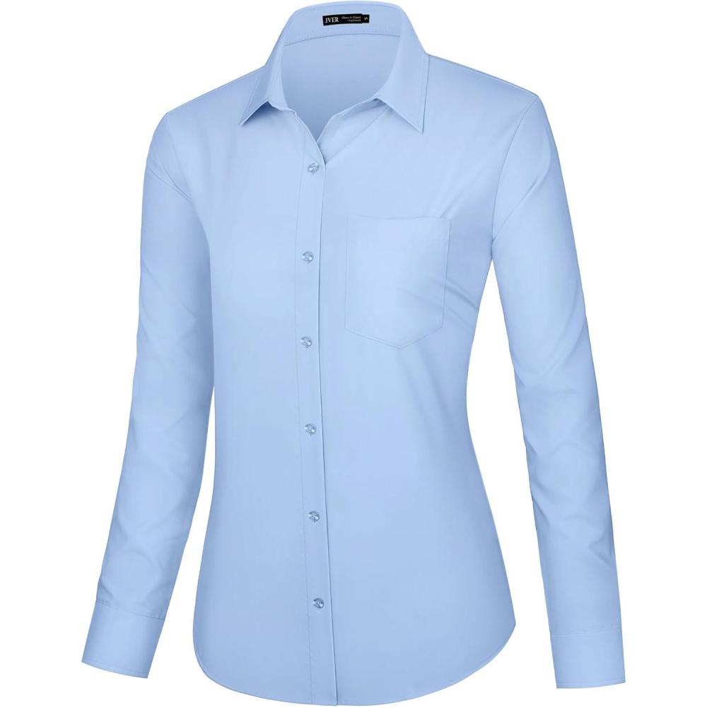imageJVER Dress Shirts for Women Button Down Wrinkle Free Shirt Business Casual Long Sleeve Work Blouse with PocketLight Blue