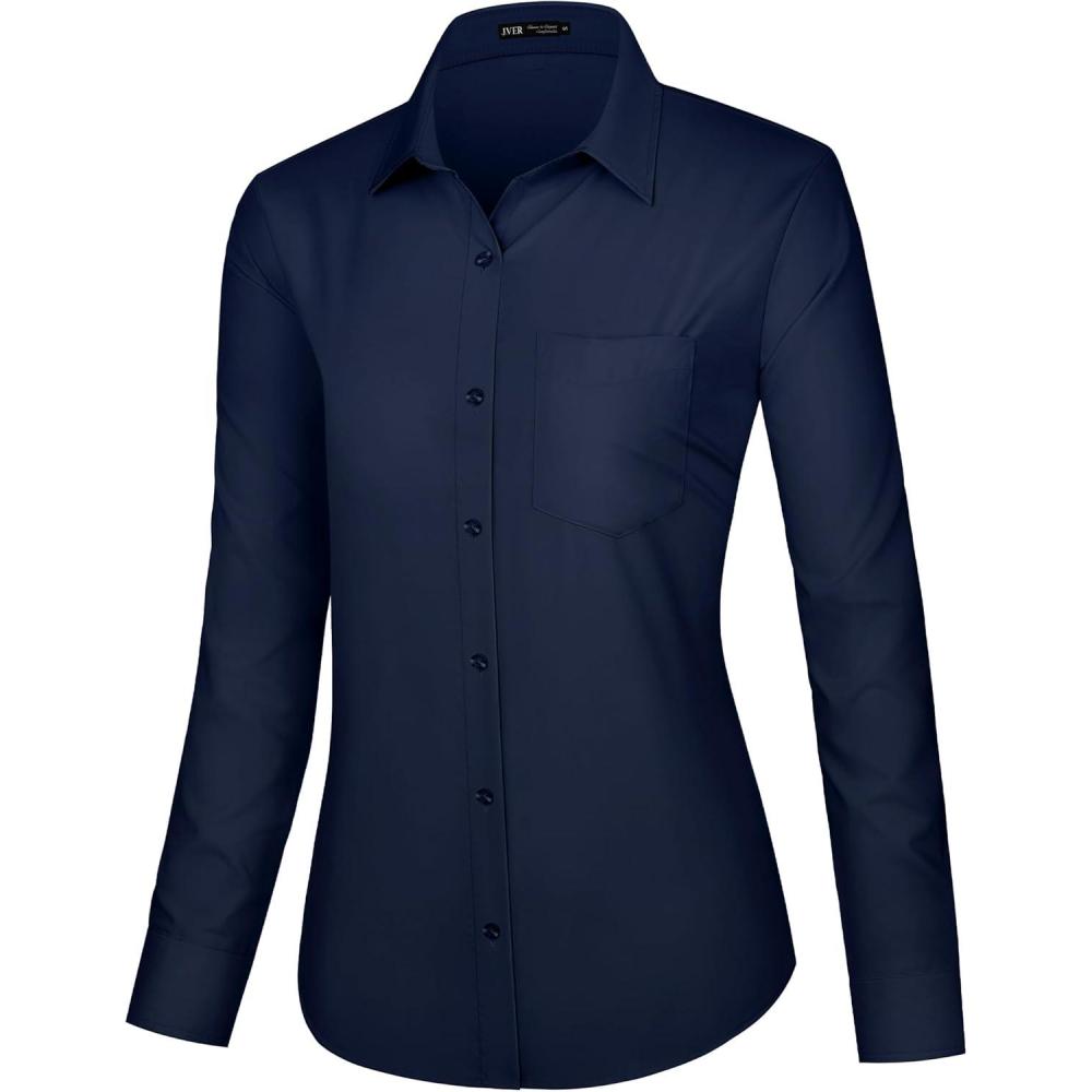imageJVER Dress Shirts for Women Button Down Wrinkle Free Shirt Business Casual Long Sleeve Work Blouse with PocketNavy Blue