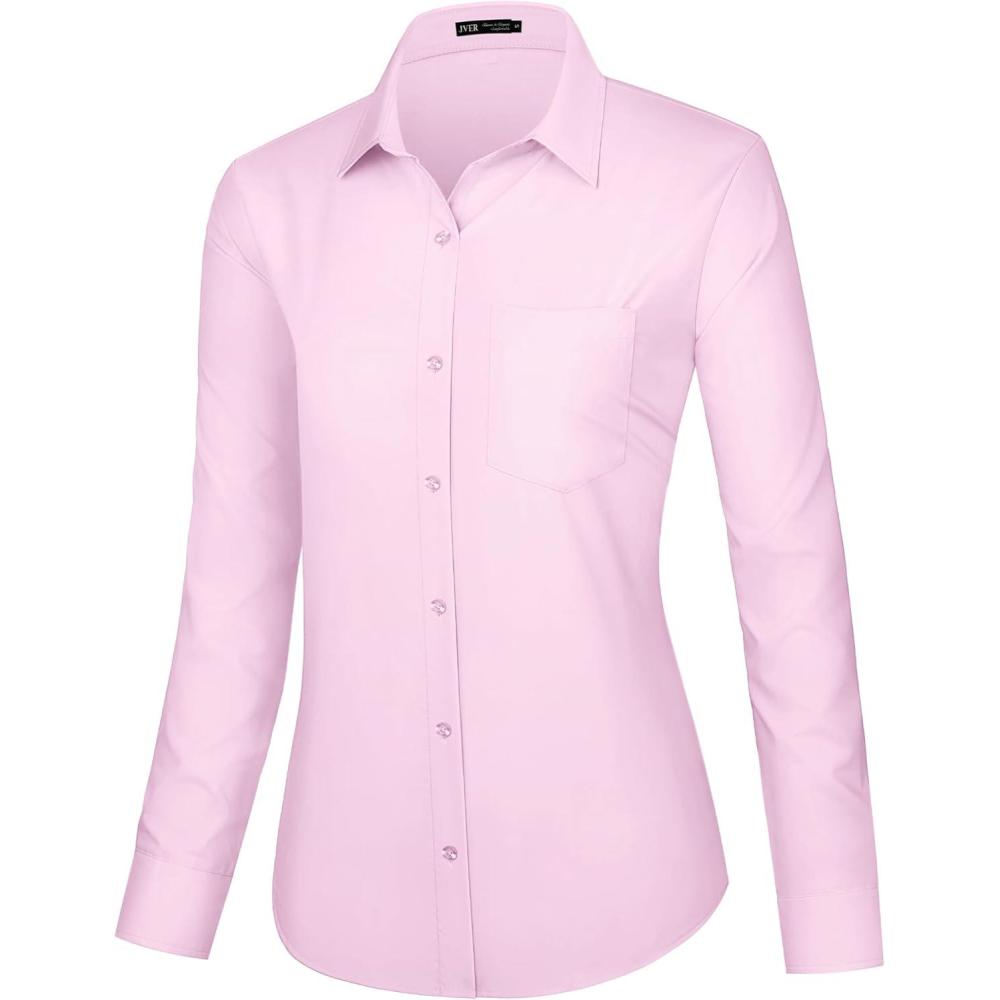 imageJVER Dress Shirts for Women Button Down Wrinkle Free Shirt Business Casual Long Sleeve Work Blouse with PocketPink