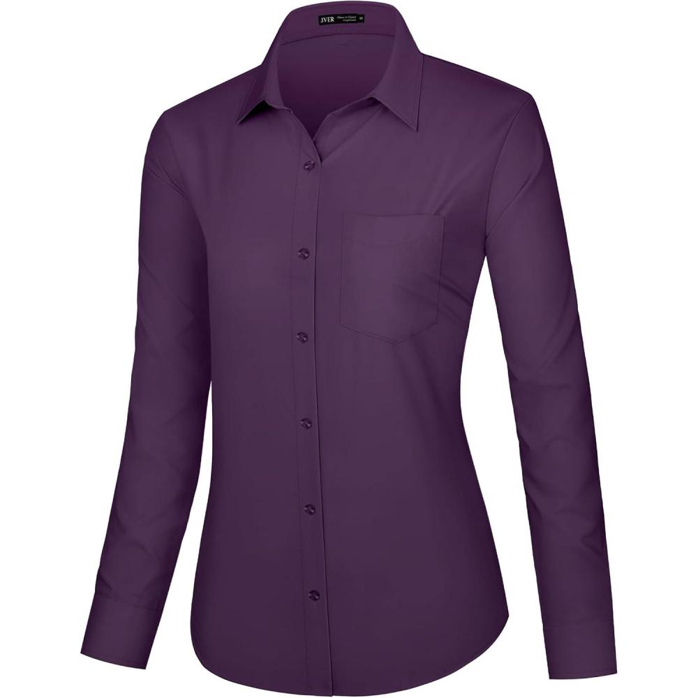 imageJVER Dress Shirts for Women Button Down Wrinkle Free Shirt Business Casual Long Sleeve Work Blouse with PocketPurple