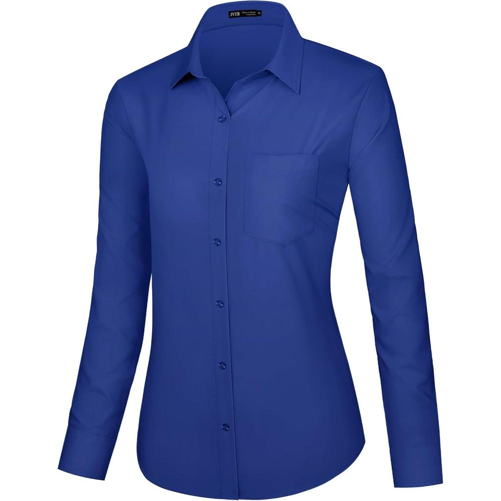 imageJVER Dress Shirts for Women Button Down Wrinkle Free Shirt Business Casual Long Sleeve Work Blouse with PocketRoyal Blue