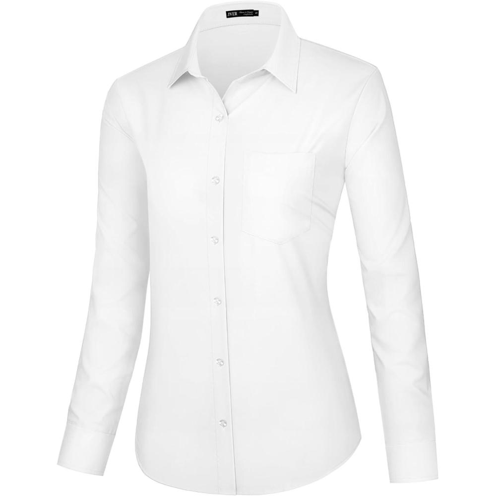 imageJVER Dress Shirts for Women Button Down Wrinkle Free Shirt Business Casual Long Sleeve Work Blouse with PocketWhite