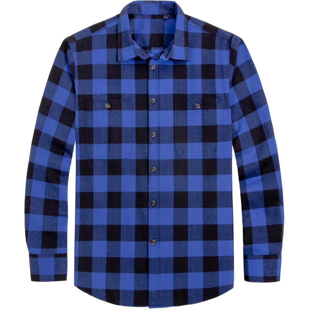 imageJVER Flannel Shirt for Men Plaid Long Sleeve Casual Button Down Shirts Regular Fit Cotton Buffalo Checkered Top with PocketsBlue