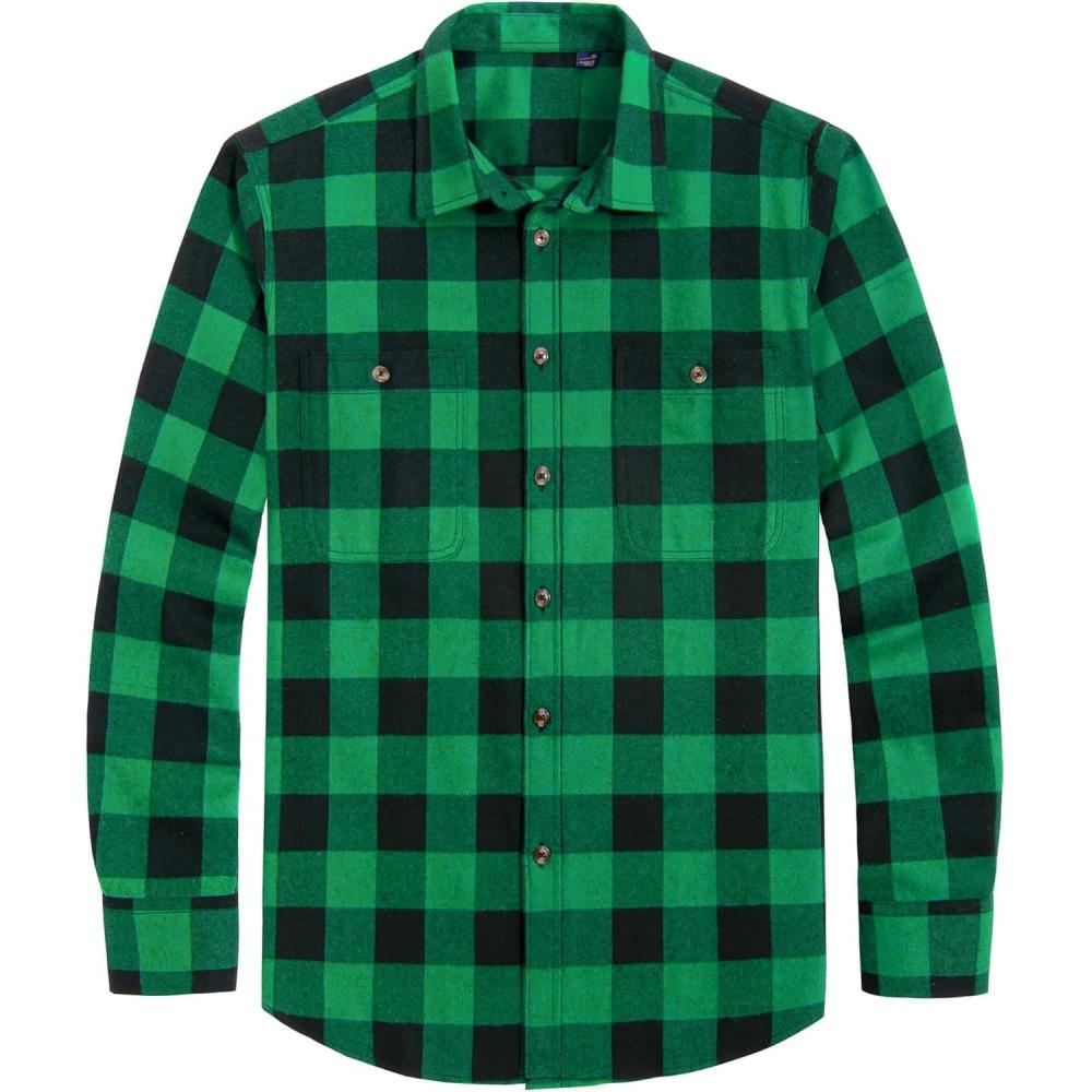 imageJVER Flannel Shirt for Men Plaid Long Sleeve Casual Button Down Shirts Regular Fit Cotton Buffalo Checkered Top with PocketsGreen