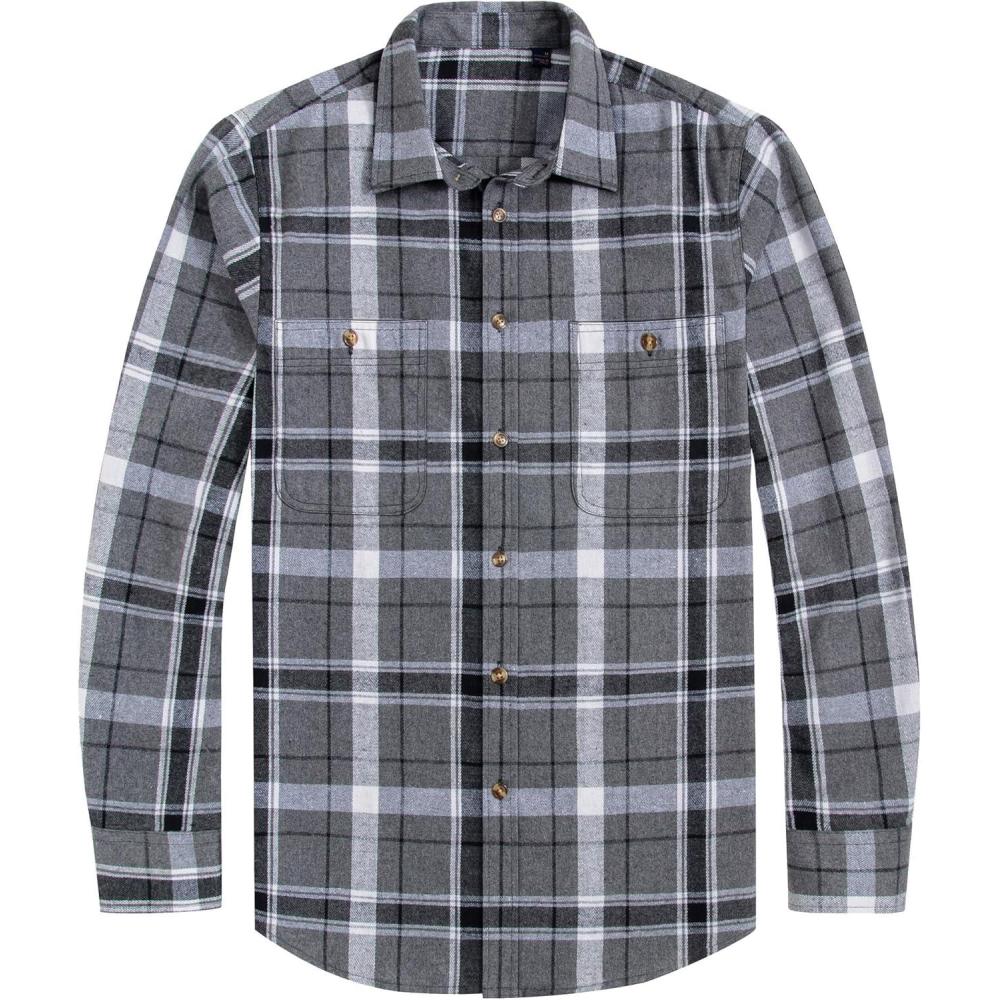 imageJVER Flannel Shirt for Men Plaid Long Sleeve Casual Button Down Shirts Regular Fit Cotton Buffalo Checkered Top with PocketsGrey Black