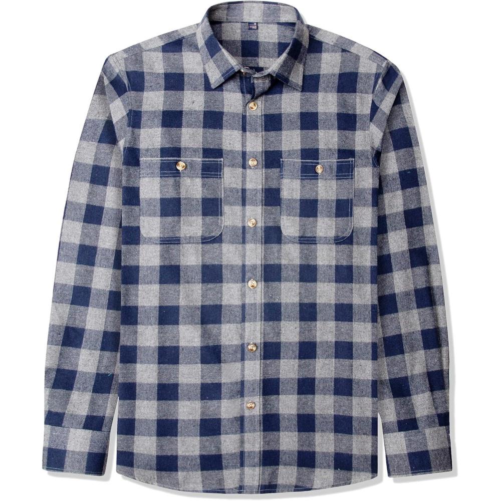 imageJVER Flannel Shirt for Men Plaid Long Sleeve Casual Button Down Shirts Regular Fit Cotton Buffalo Checkered Top with PocketsGrey Navy