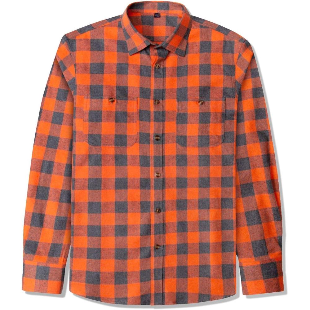 imageJVER Flannel Shirt for Men Plaid Long Sleeve Casual Button Down Shirts Regular Fit Cotton Buffalo Checkered Top with PocketsGrey Orange