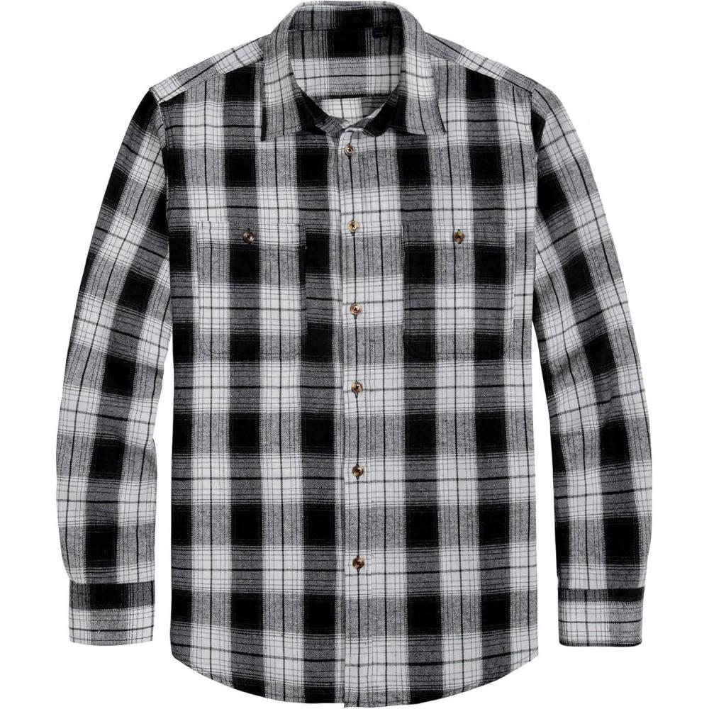 imageJVER Flannel Shirt for Men Plaid Long Sleeve Casual Button Down Shirts Regular Fit Cotton Buffalo Checkered Top with PocketsOff White Black