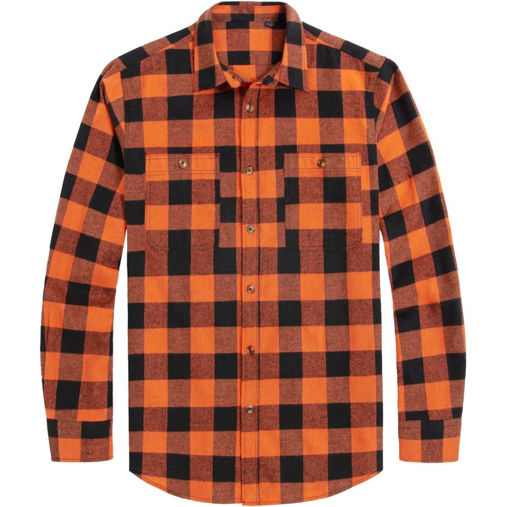 imageJVER Flannel Shirt for Men Plaid Long Sleeve Casual Button Down Shirts Regular Fit Cotton Buffalo Checkered Top with PocketsOrange Black