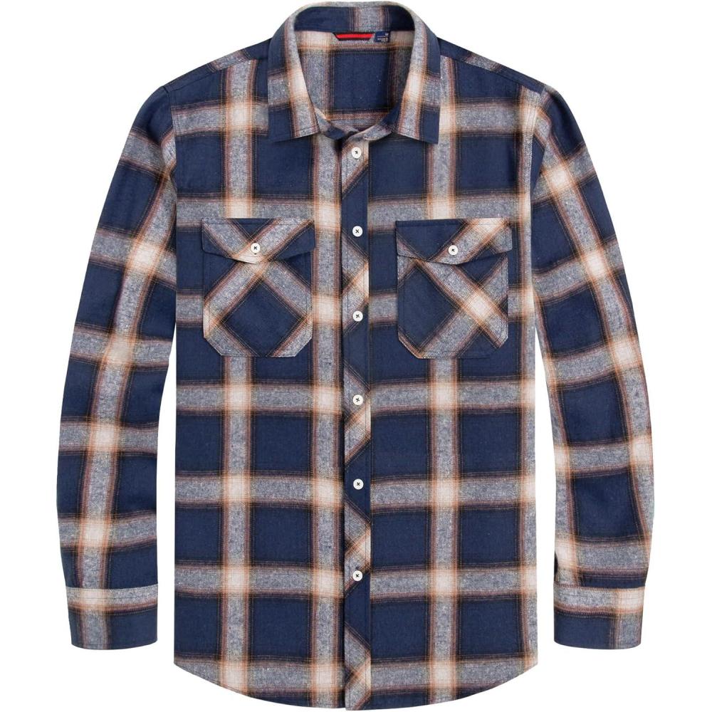 imageJVER Flannel Shirt for Men Plaid Long Sleeve Casual Button Down Shirts Regular Fit Cotton Buffalo Checkered Top with PocketsP Blue